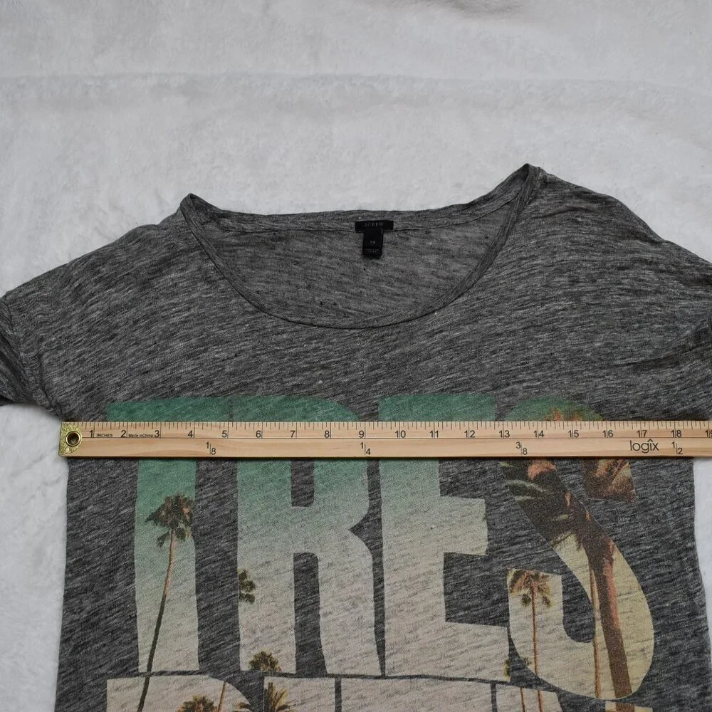 J Crew 100% Linen Graphic Tee Sz XS Tres Bien Relaxed Fit Slouchy Boho Beachy
